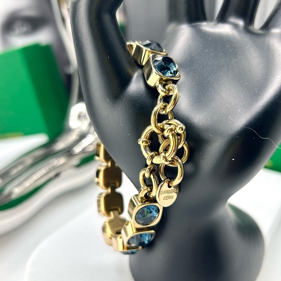 Denim Blue Crystal Bracelet, Gold Plated Chunky Dark Blue Tennis Bracelet - Picture 9 of 9